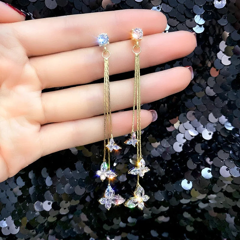🦋 Shiny Crystal Butterfly Tassel Earrings – Elegant Long Dangle CZ Zircon Earrings for Women – Wedding & Party Jewelry