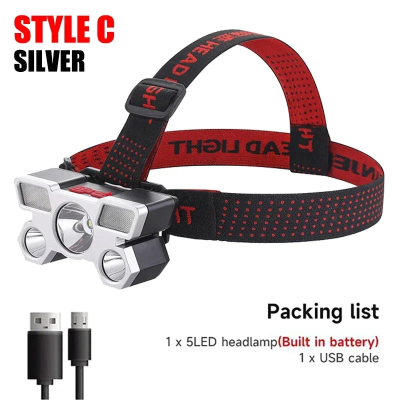 5 LED Rechargeable Headlamp USB Flashlight | Camping Hiking Fishing Light