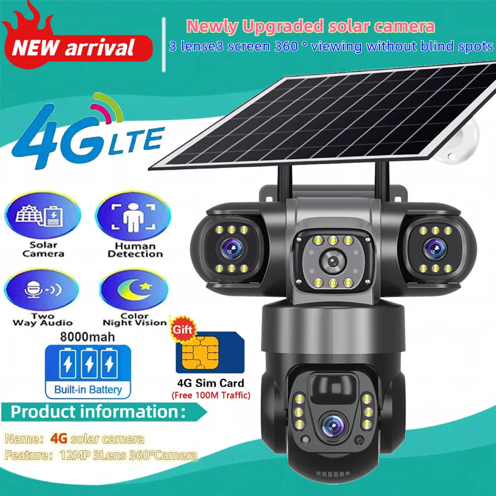 Triple-Lens Solar 360° Dome Camera – 4K Wireless Security with AI Motion Tracking