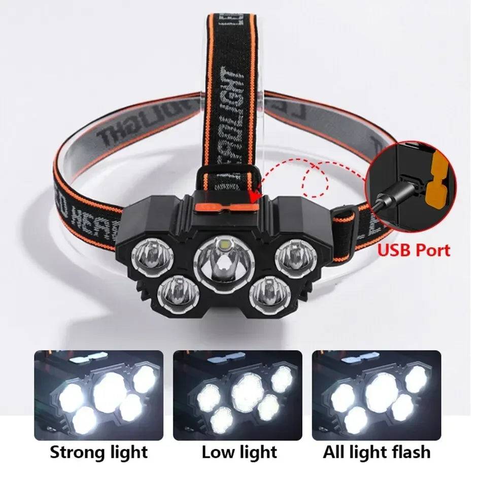 5 LED Rechargeable Headlamp USB Flashlight | Camping Hiking Fishing Light