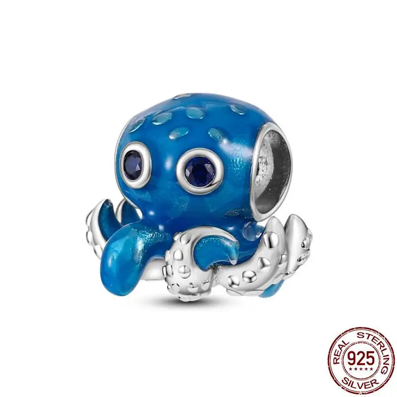 ✨ 925 Silver Ocean Charms – 🐙 Octopus, 🐢 Sea Turtle, 🐬 Dolphin & 💧 Blue Zircon | Pandora-Style Bracelet Compatible