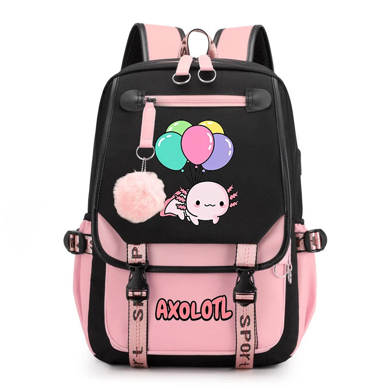 Cute Axolotl Print School Backpack – USB Charging Bag for Girls & Kids