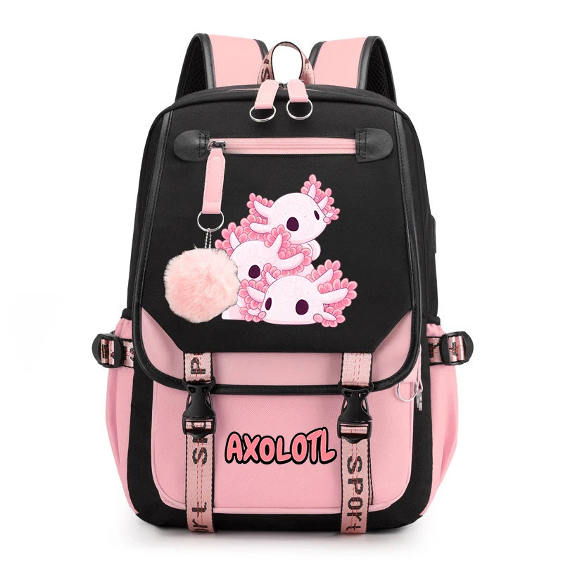 Cute Axolotl Print School Backpack – USB Charging Bag for Girls & Kids