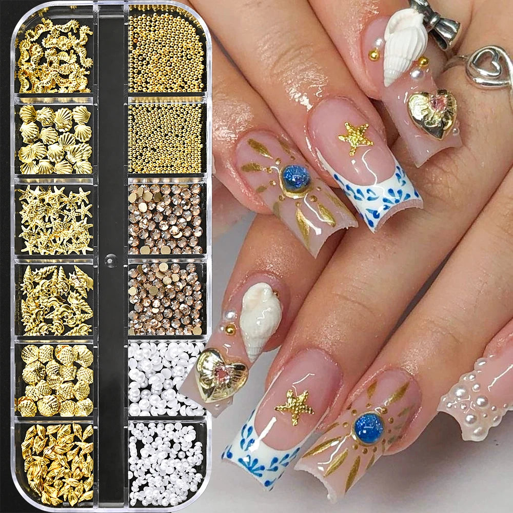 🌊✨ 12Grids Ocean Gold Nail Art Charms | Shell, Seahorse, Starfish & Pearl Gems 🐚🦄 Shop1103833347 Store