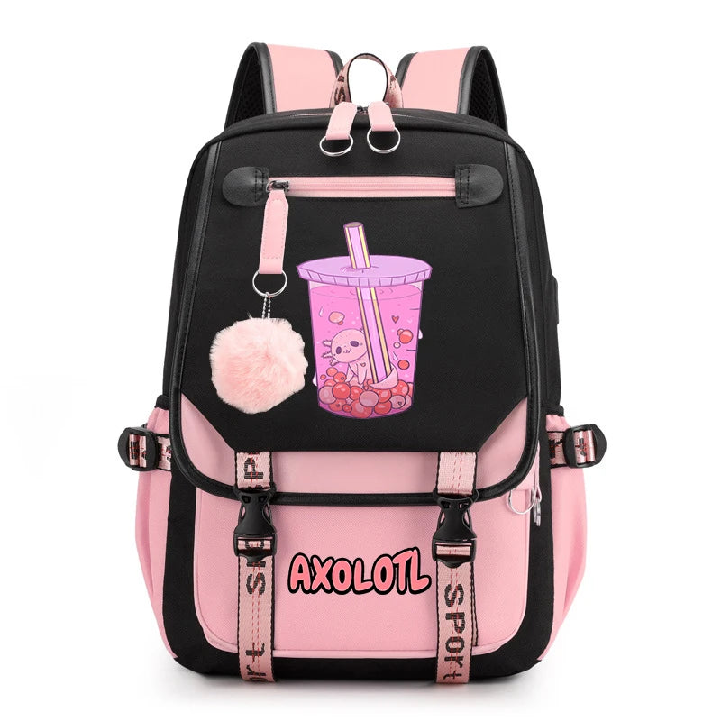 Cute Axolotl Print School Backpack – USB Charging Bag for Girls & Kids