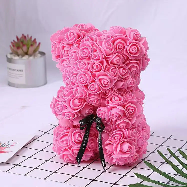 🌹 25 cm-es műrózsa virágmackó – romantikus Valentin-napi és évfordulós ajándék 🧸❤️