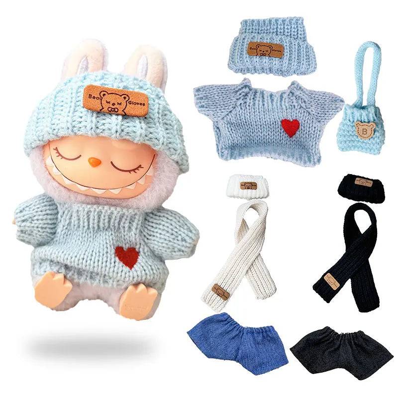 1Set Doll Clothes for 17cm Labubu Cotton Dolls – Sweater, Hat & Scarf Accessories