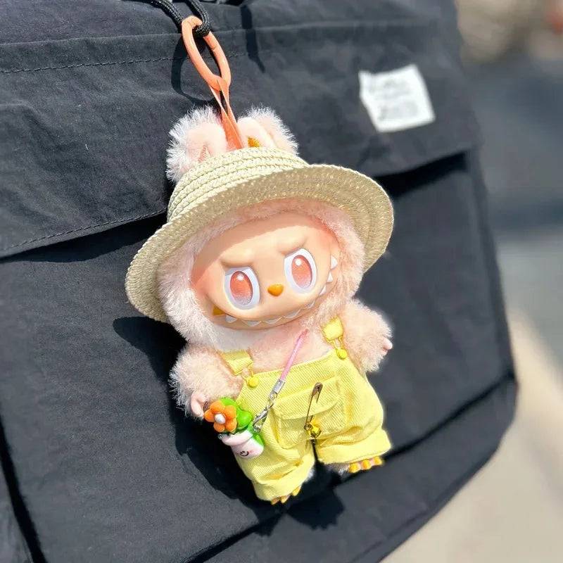 Labubu Summer Overalls Set – Energy Style Clothes with Straw Hat & Belt (15-17cm)