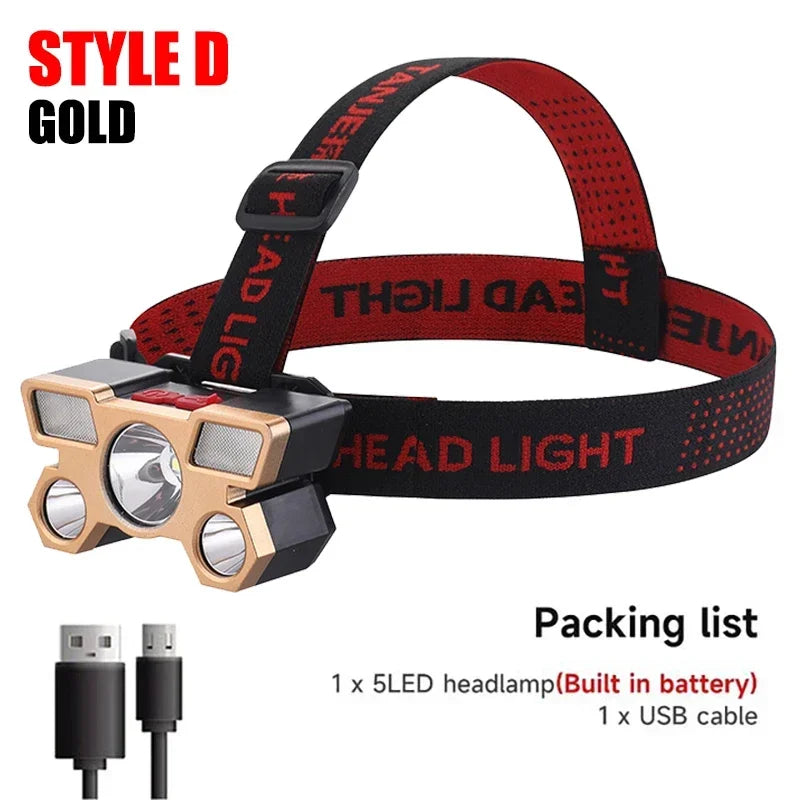 5 LED Rechargeable Headlamp USB Flashlight | Camping Hiking Fishing Light