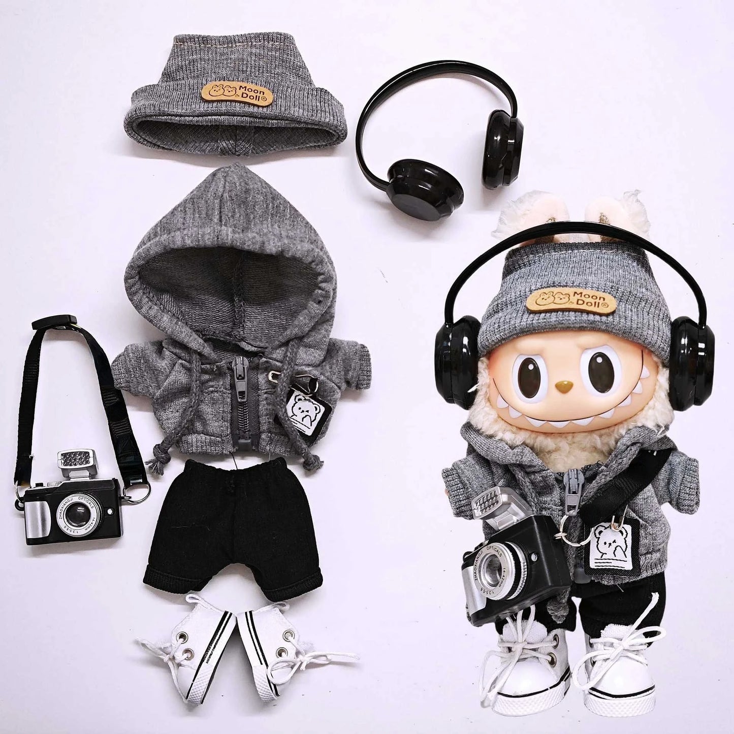 Labubu Universal Hoodie Set – Gray Outfit with Camera, Glasses & Shoes (15-17cm)