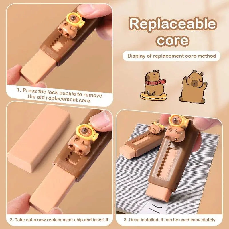 🖌️🧽🐾 Kawaii Push-Pull Capybara Eraser – Soft, Clean & Mess-Free School Supplies!