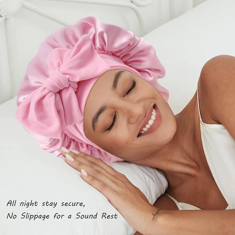 Adjustable Satin Sleeping Bonnet for Women – Solid Color Night Cap with Stretchy Tie Band & Elastic Fit