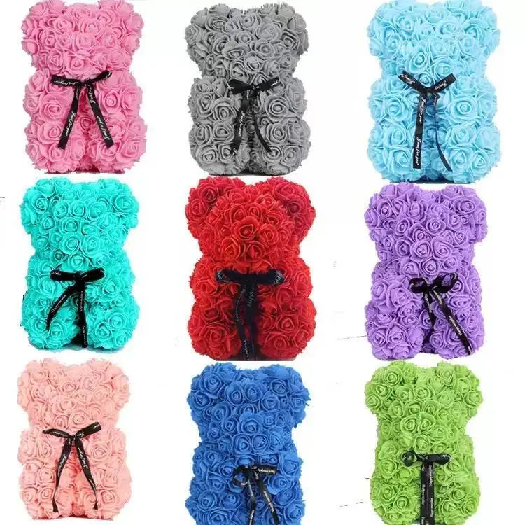 🌹 25 cm-es műrózsa virágmackó – romantikus Valentin-napi és évfordulós ajándék 🧸❤️