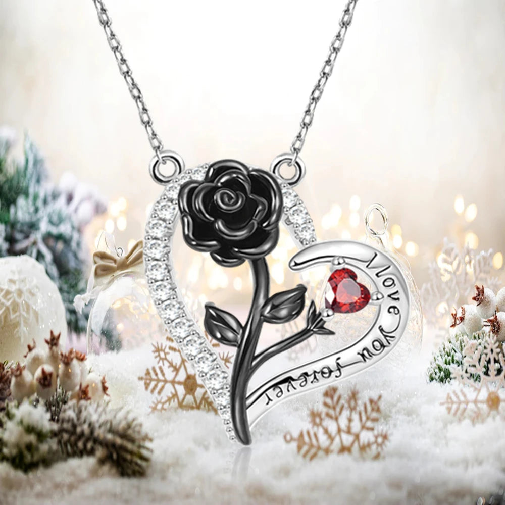 💖 Romantic Rose Heart Pendant Necklace – Red & White Rhinestone Jewelry for Women, Elegant Valentine's Day or Anniversary Gift