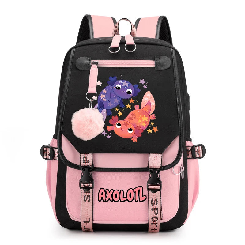 Cute Axolotl Print School Backpack – USB Charging Bag for Girls & Kids