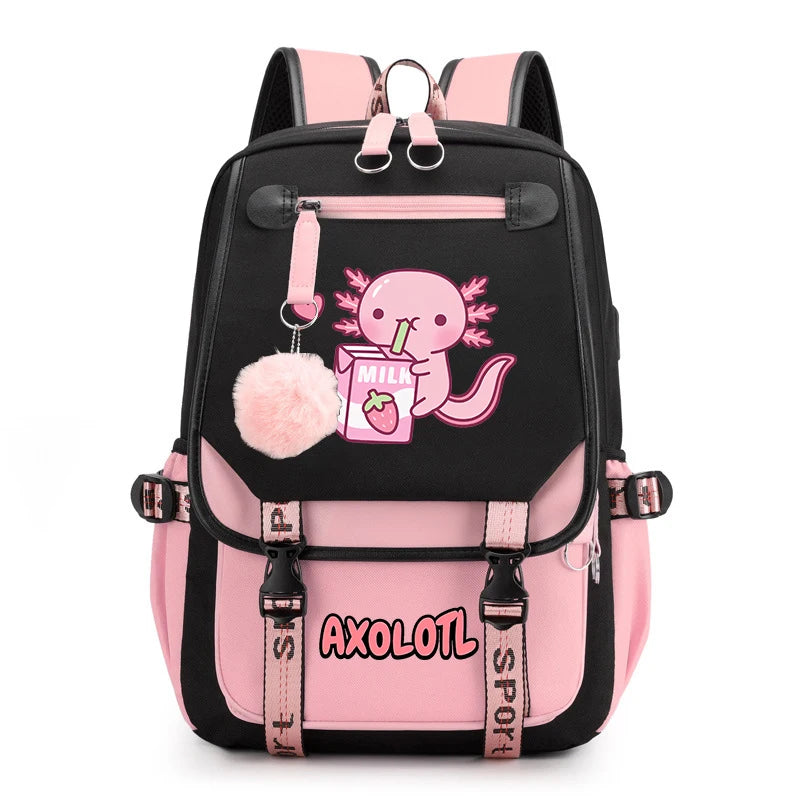 Cute Axolotl Print School Backpack – USB Charging Bag for Girls & Kids