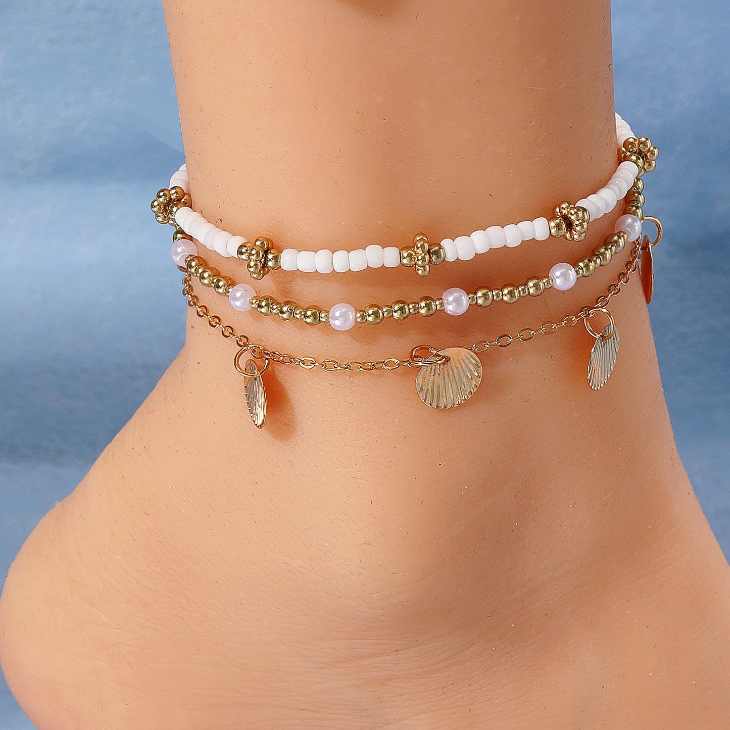3pcs Retro Pearl Beads Anklet for Women