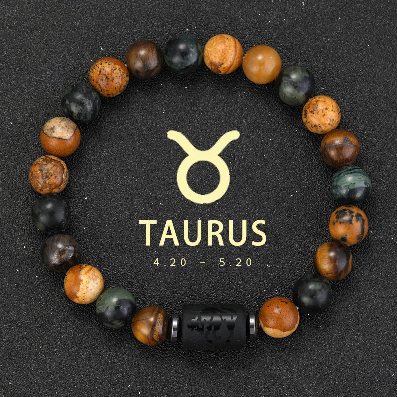 ✨ 12 Zodiac Natural Stone Bracelet – Cancer, Virgo, Leo, Libra – Unisex Couple & Friendship Jewelry Gift