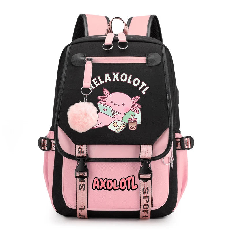 Cute Axolotl Print School Backpack – USB Charging Bag for Girls & Kids