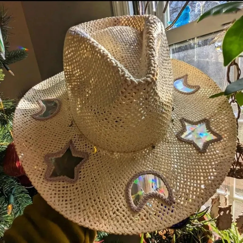 Prism Cowgirl Hat – UPF 50+ Sun Protection with Hand-Strung Prism Charms | Festival & Everyday Glam