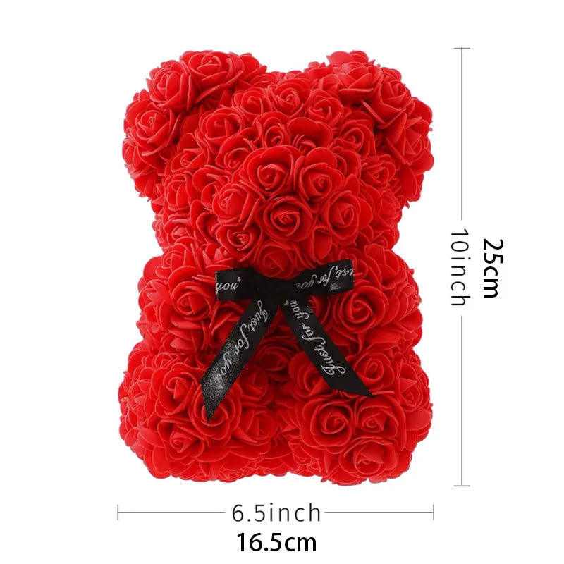 🌹 25 cm-es műrózsa virágmackó – romantikus Valentin-napi és évfordulós ajándék 🧸❤️