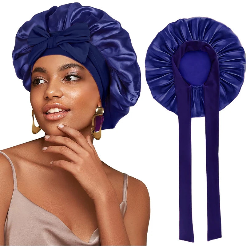 Adjustable Satin Sleeping Bonnet for Women – Solid Color Night Cap with Stretchy Tie Band & Elastic Fit