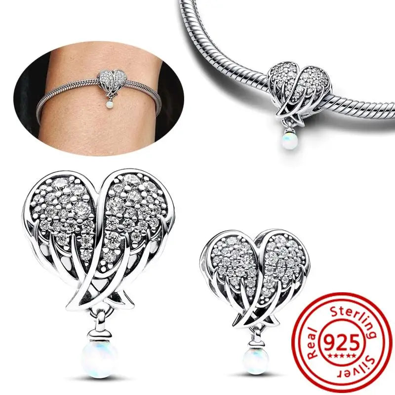 ✨ 925 Silver Sparkling Charms – ❄️ Snowflake, 🌿 Herbarium, 😇 Angel Wings & ❤️ Heart | Pandora-Style Bracelet Compatible