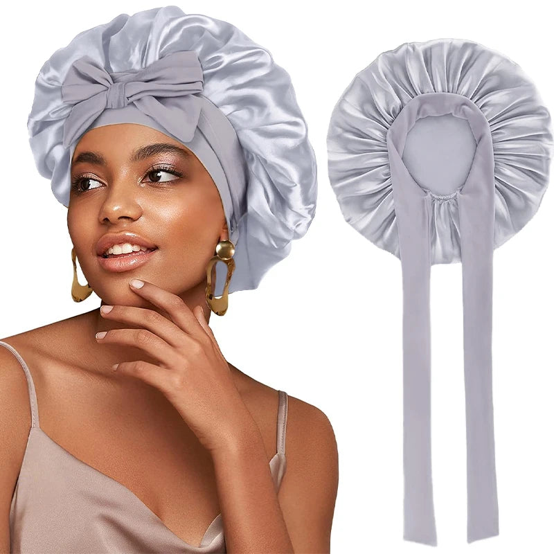 Adjustable Satin Sleeping Bonnet for Women – Solid Color Night Cap with Stretchy Tie Band & Elastic Fit