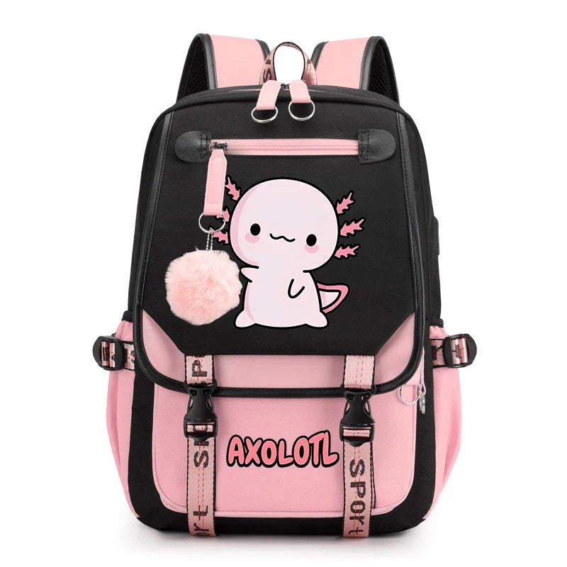 Cute Axolotl Print School Backpack – USB Charging Bag for Girls & Kids