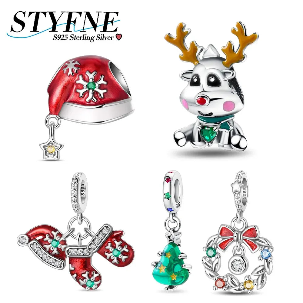 ✨ 925 Sterling Silver Christmas Charms – Tree, Hat, Love & Elk | Pandora-Style Bracelet Compatible