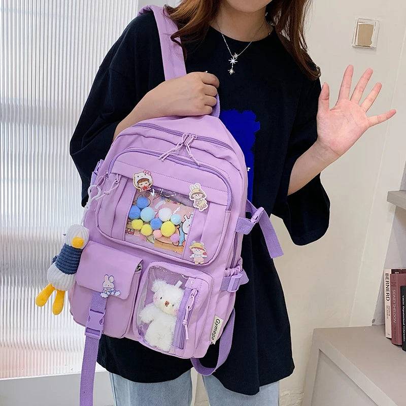 Cute Women’s Backpack – Waterproof Multi-Pocket Nylon Kawaii School Bag for Students & Girls