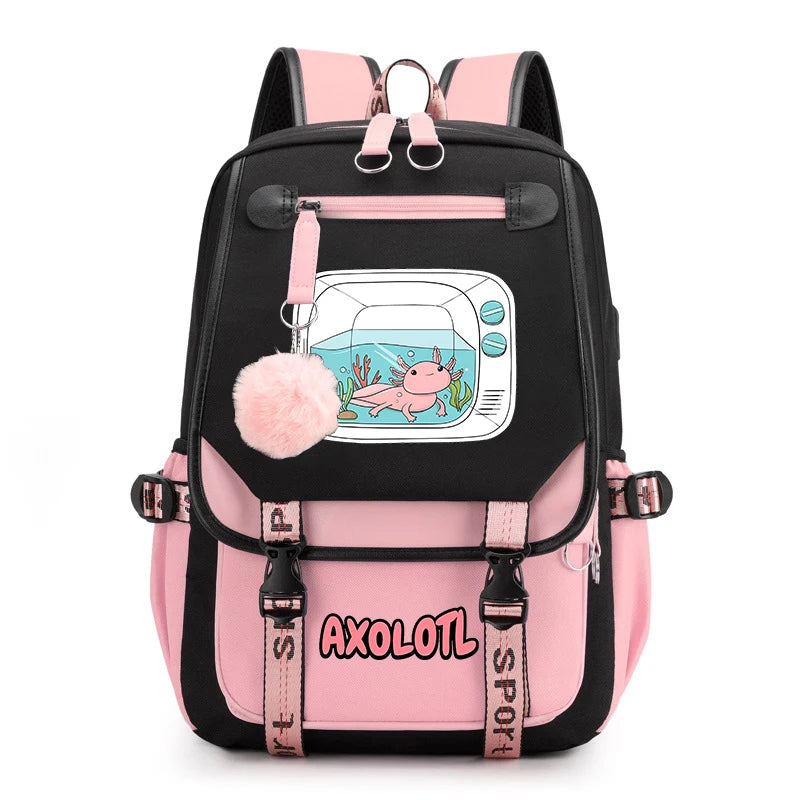 Cute Axolotl Print School Backpack – USB Charging Bag for Girls & Kids