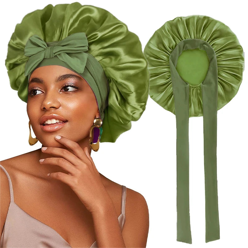 Adjustable Satin Sleeping Bonnet for Women – Solid Color Night Cap with Stretchy Tie Band & Elastic Fit