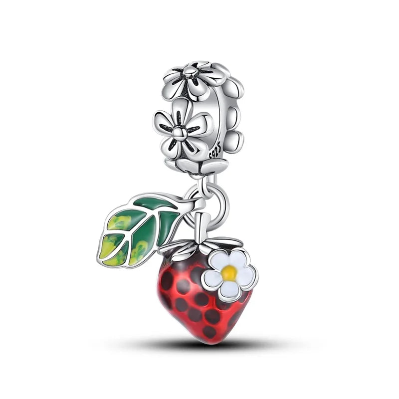 ✨ 925 Silver Strawberry & Cherry Charms – Fruit Series Beads | Pandora-Style Bracelet Compatible