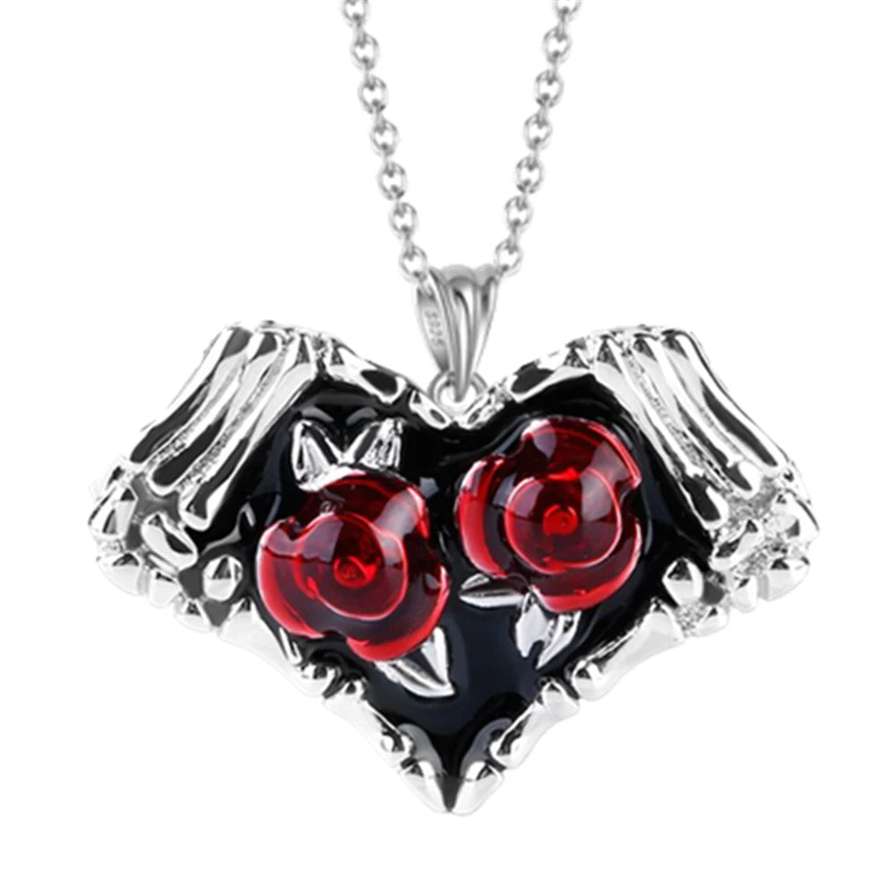 💖 Romantic Rose Heart Pendant Necklace – Red & White Rhinestone Jewelry for Women, Elegant Valentine's Day or Anniversary Gift