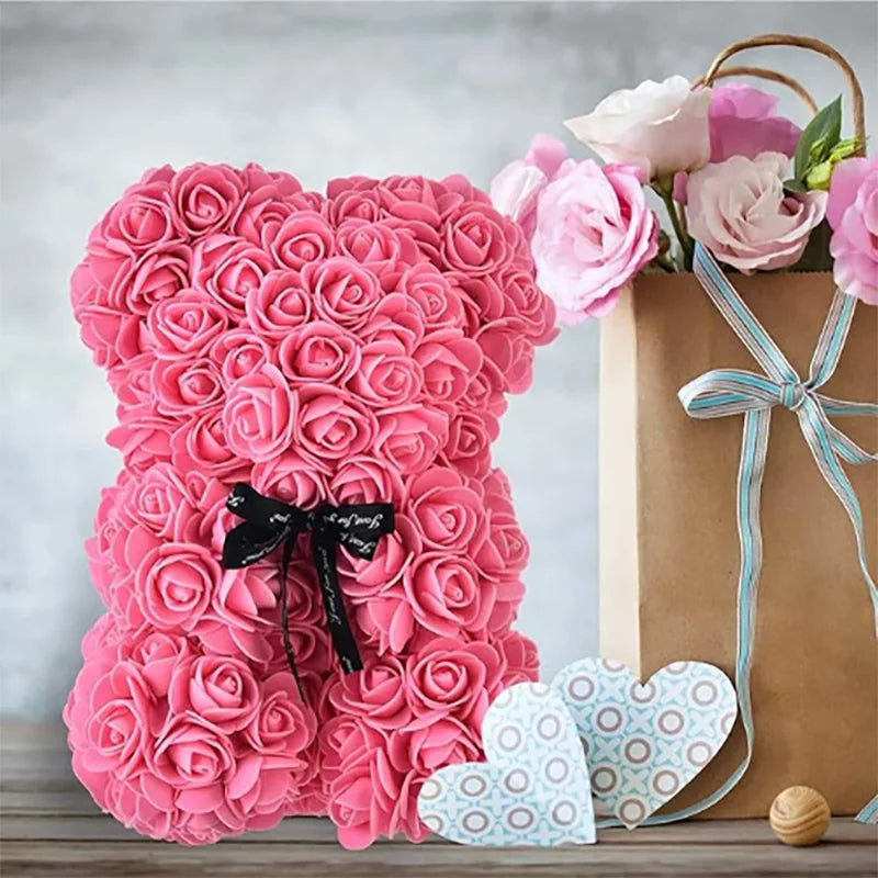 🌹 25 cm-es műrózsa virágmackó – romantikus Valentin-napi és évfordulós ajándék 🧸❤️