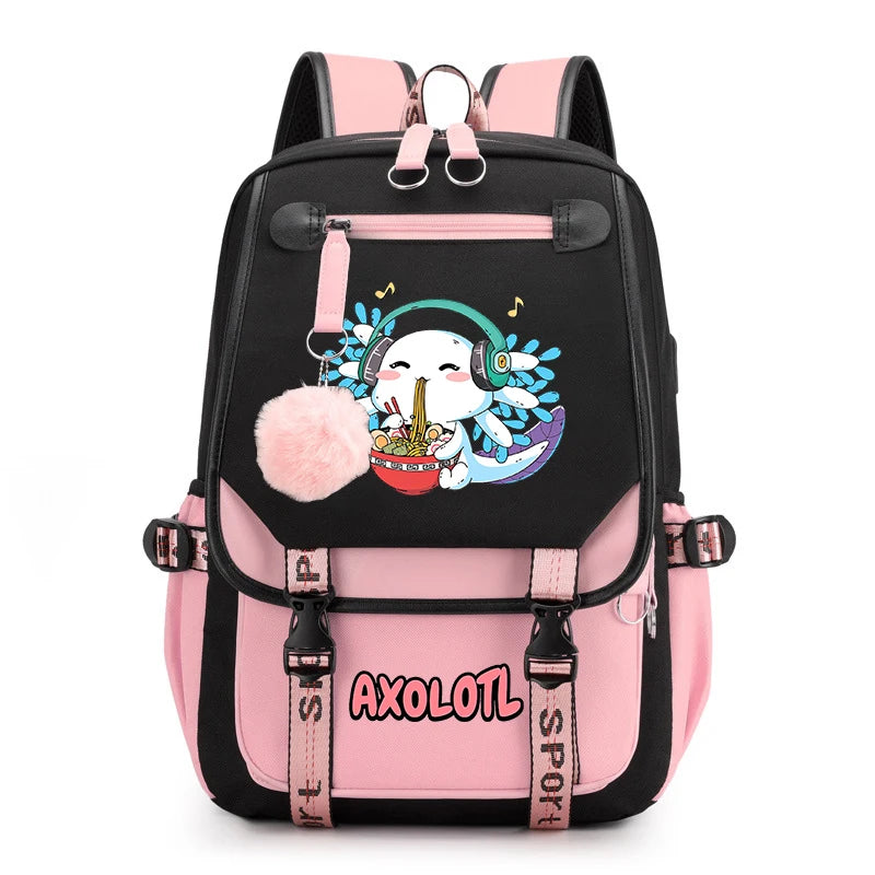 Cute Axolotl Print School Backpack – USB Charging Bag for Girls & Kids