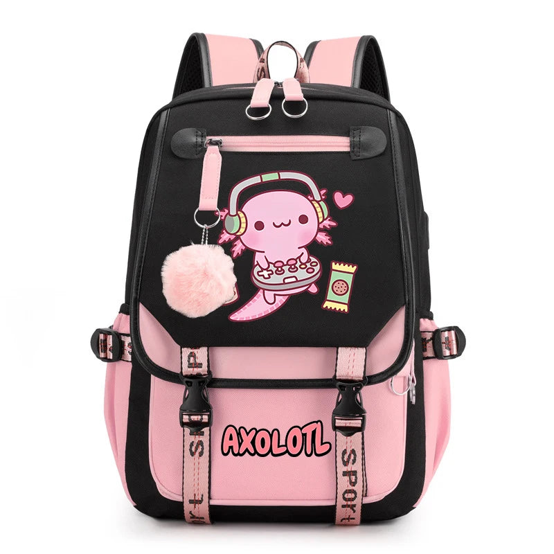 Cute Axolotl Print School Backpack – USB Charging Bag for Girls & Kids