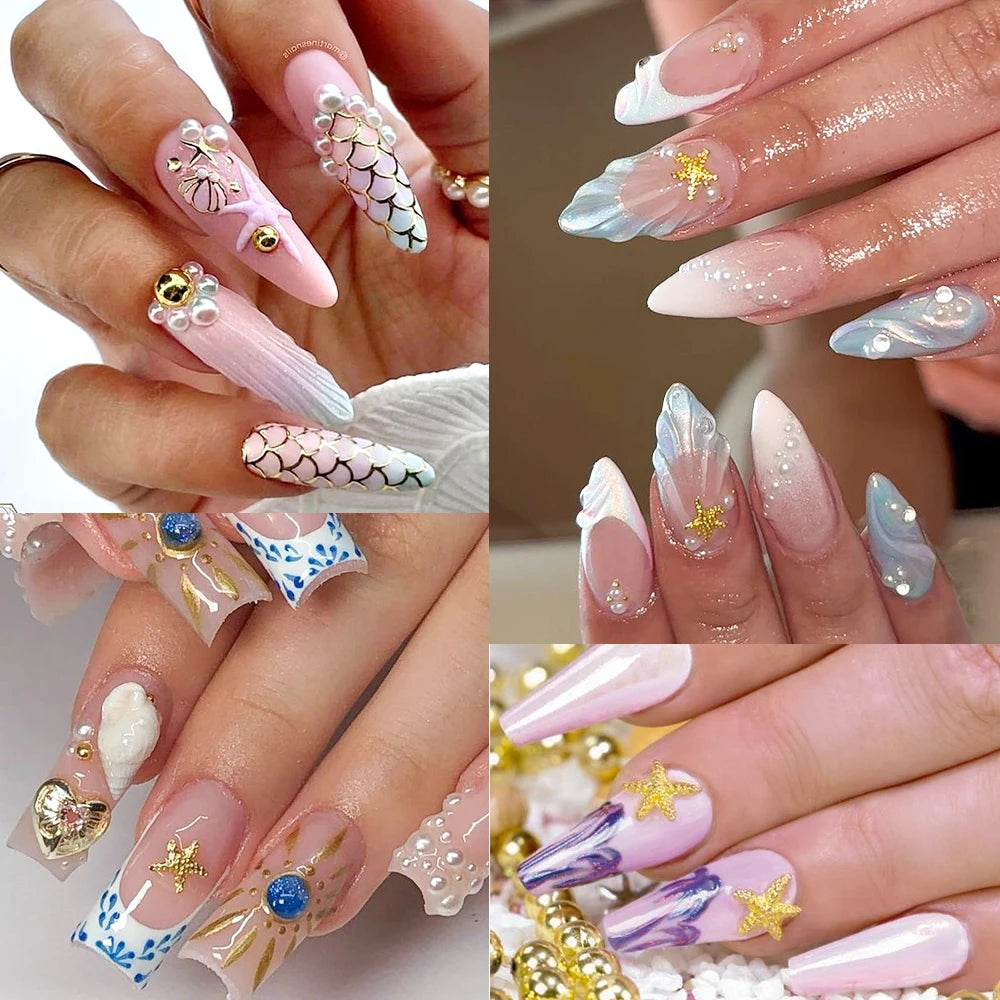 🌊✨ 12Grids Ocean Gold Nail Art Charms | Shell, Seahorse, Starfish & Pearl Gems 🐚🦄 Shop1103833347 Store