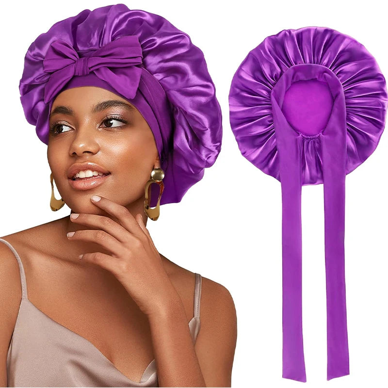 Adjustable Satin Sleeping Bonnet for Women – Solid Color Night Cap with Stretchy Tie Band & Elastic Fit