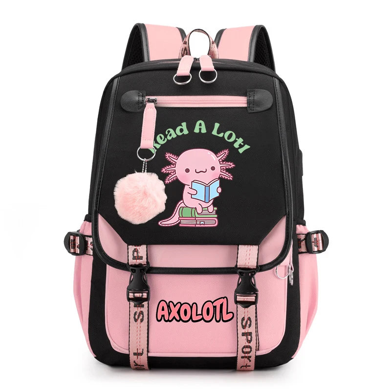 Cute Axolotl Print School Backpack – USB Charging Bag for Girls & Kids