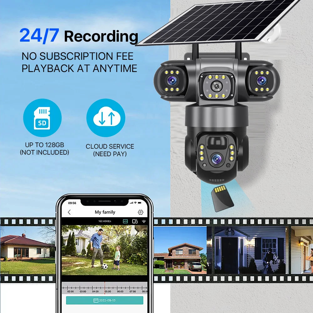 Triple-Lens Solar 360° Dome Camera – 4K Wireless Security with AI Motion Tracking