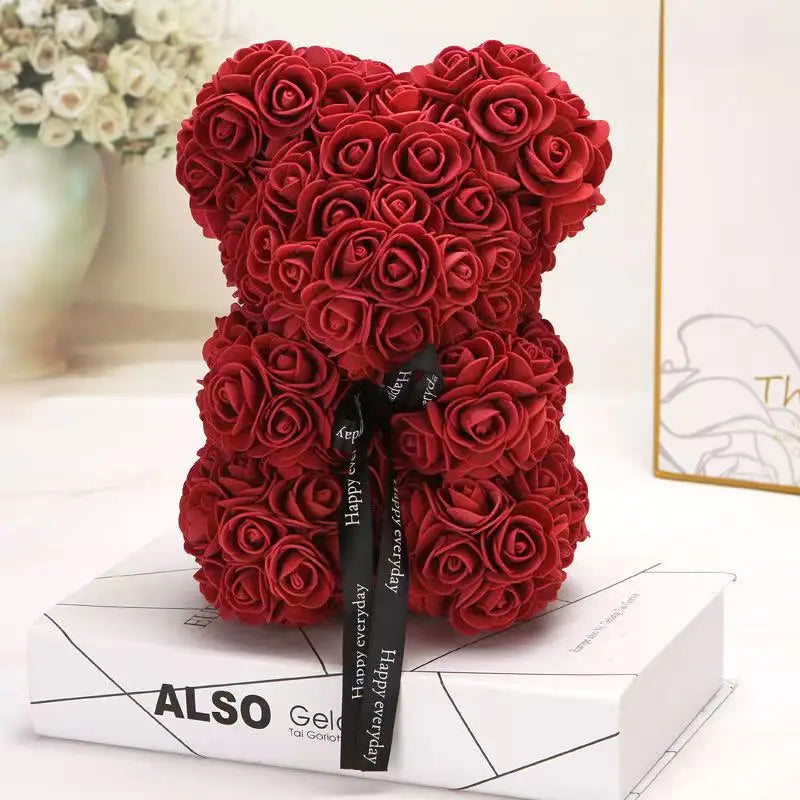 🌹 25 cm-es műrózsa virágmackó – romantikus Valentin-napi és évfordulós ajándék 🧸❤️
