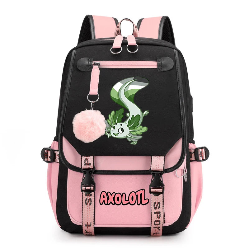 Cute Axolotl Print School Backpack – USB Charging Bag for Girls & Kids