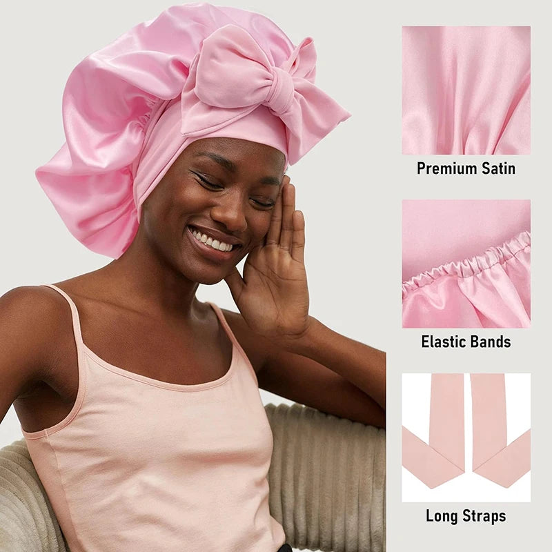 Adjustable Satin Sleeping Bonnet for Women – Solid Color Night Cap with Stretchy Tie Band & Elastic Fit