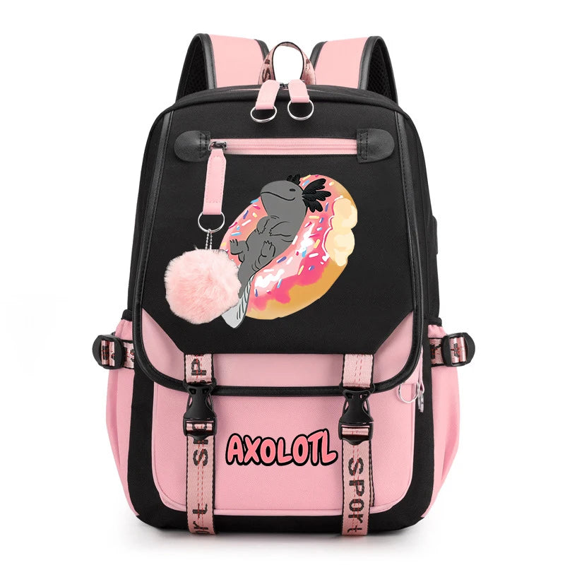 Cute Axolotl Print School Backpack – USB Charging Bag for Girls & Kids