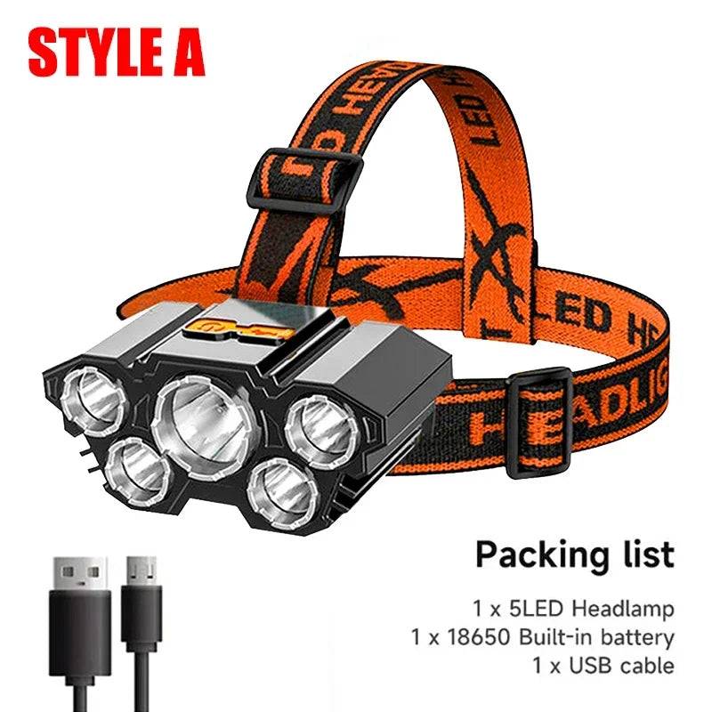 5 LED Rechargeable Headlamp USB Flashlight | Camping Hiking Fishing Light