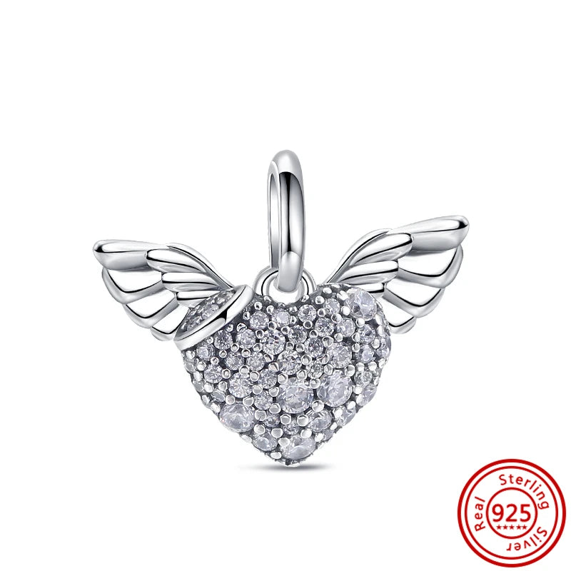 ✨ 925 Silver Sparkling Charms – ❄️ Snowflake, 🌿 Herbarium, 😇 Angel Wings & ❤️ Heart | Pandora-Style Bracelet Compatible