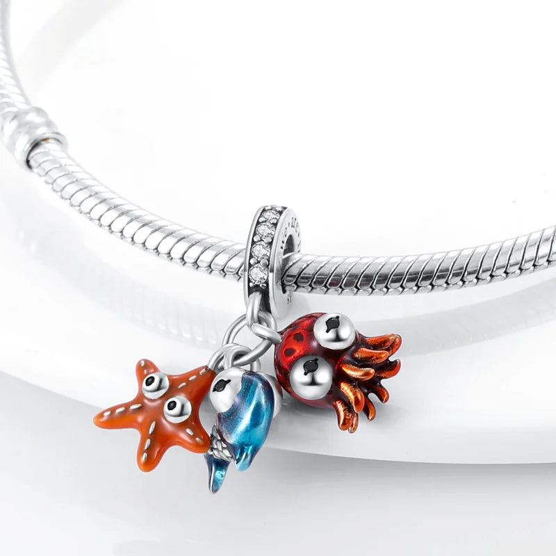 ✨ 925 Silver Ocean Charms – 🐙 Octopus, 🐢 Sea Turtle, 🐬 Dolphin & 💧 Blue Zircon | Pandora-Style Bracelet Compatible
