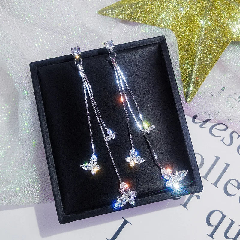 🦋 Shiny Crystal Butterfly Tassel Earrings – Elegant Long Dangle CZ Zircon Earrings for Women – Wedding & Party Jewelry